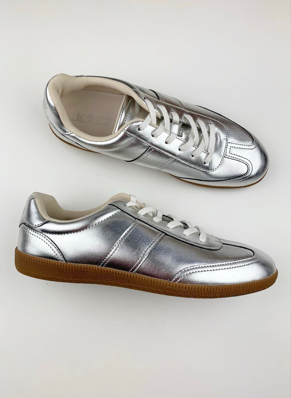 J Crew Field Sneakers Metallic Silver Faux Leather Women's 9 Extra Wide Casual